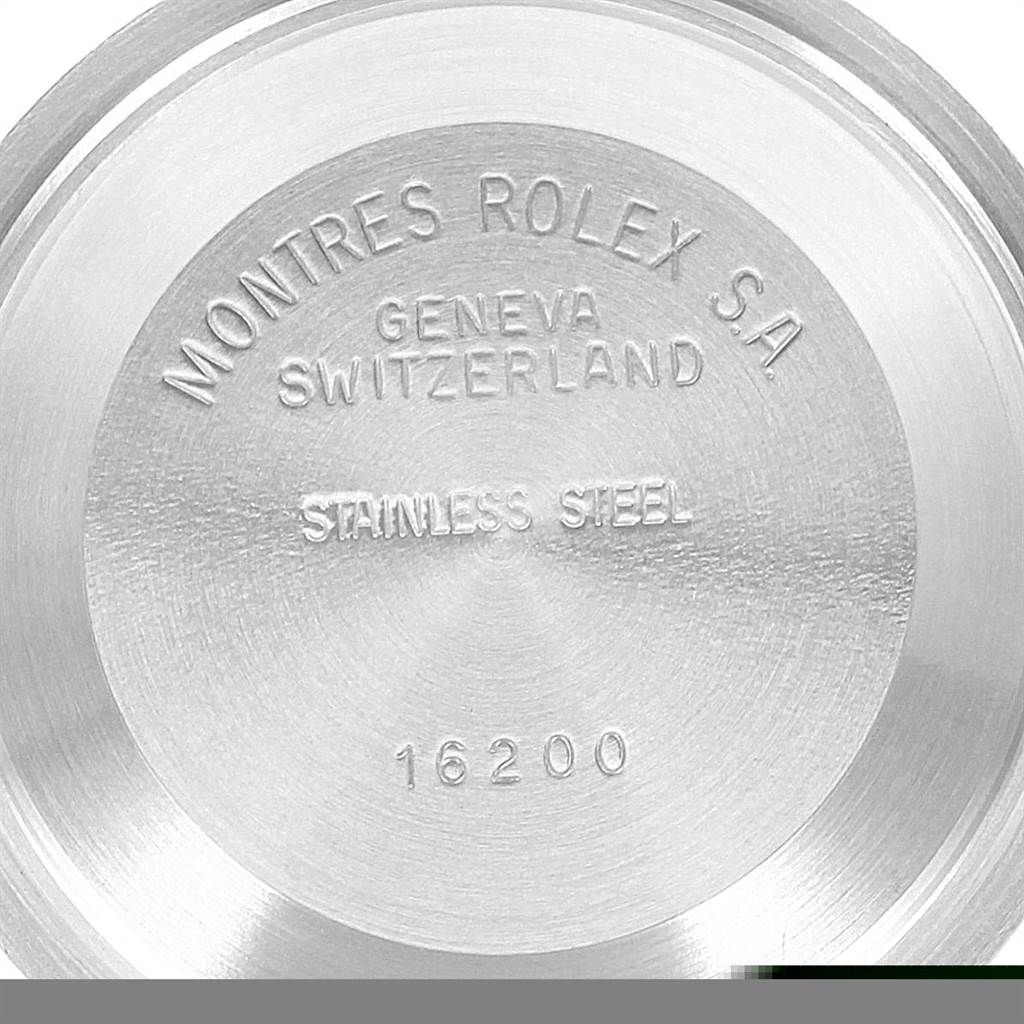 This image shows the engraved stainless steel back case of a Rolex Datejust 16234 Men's Stainless Steel Silver Dial 16234 Men's Stainless Steel Silver Dial watch, model number 16200.