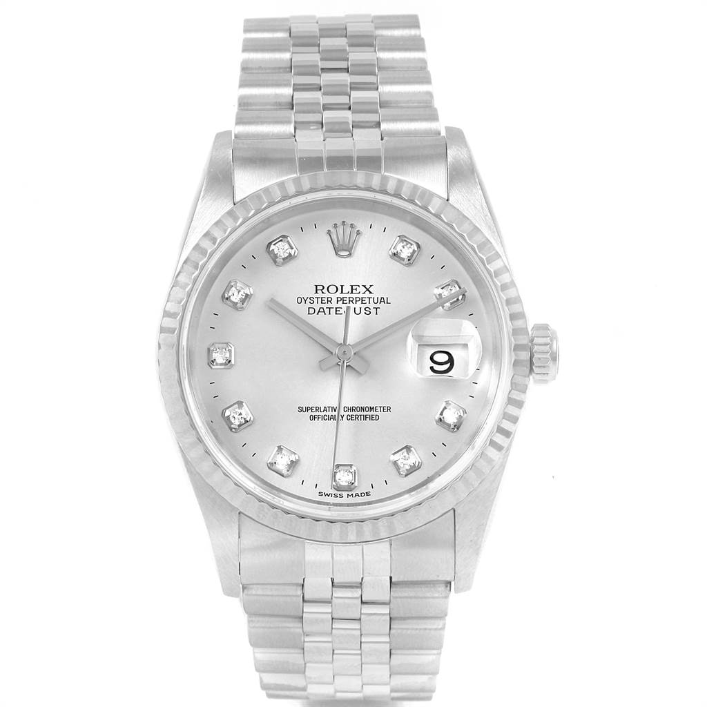 This image shows a frontal view of a Rolex Datejust 16234 Men's Stainless Steel Silver Dial 16234 Men's Stainless Steel Silver Dial watch, displaying its dial, hands, date window, and bracelet.