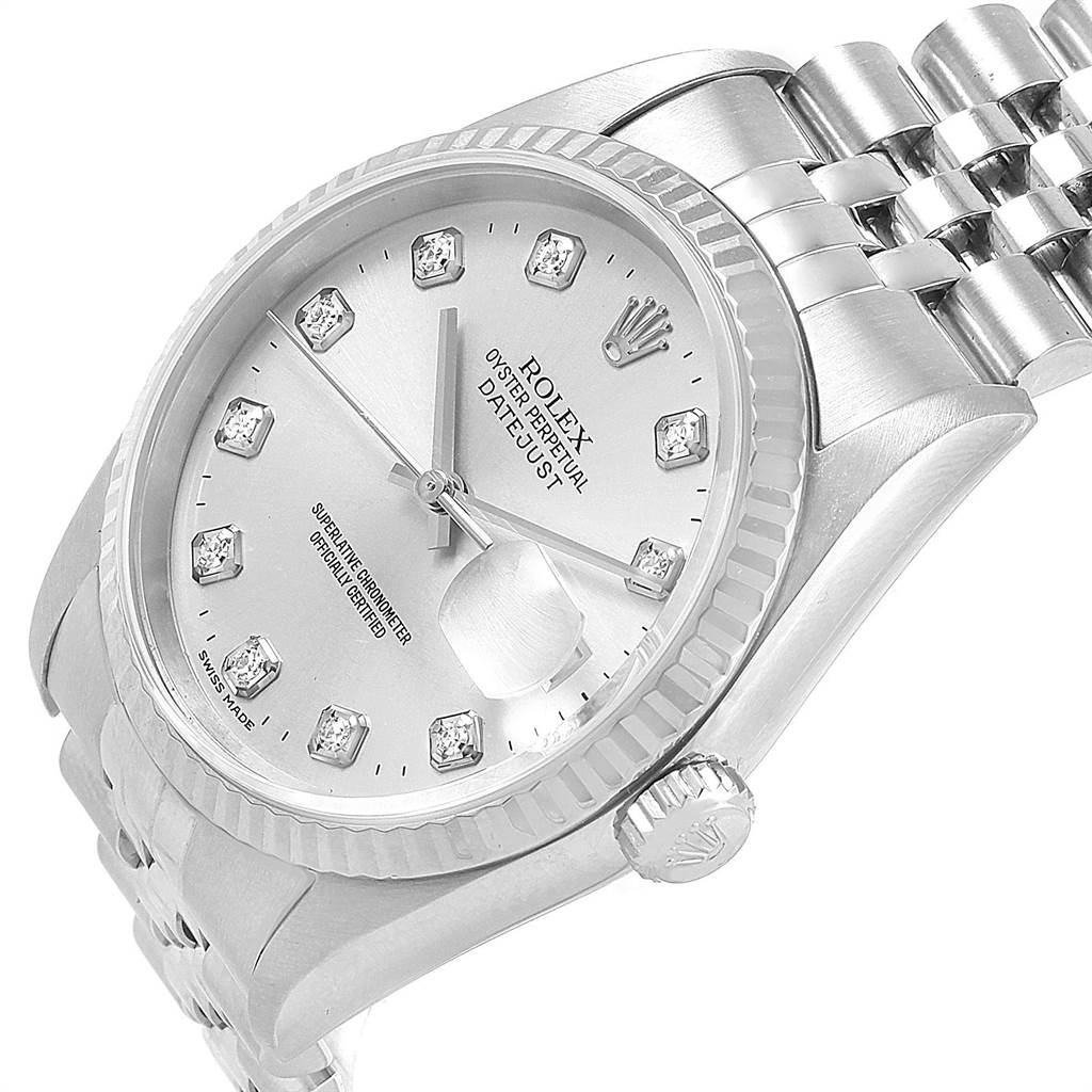 The Rolex Datejust 16234 Men's Stainless Steel Silver Dial 16234 Men's Stainless Steel Silver Dial watch is shown from a front-side angle, displaying the dial, bezel, crown, and part of the bracelet.