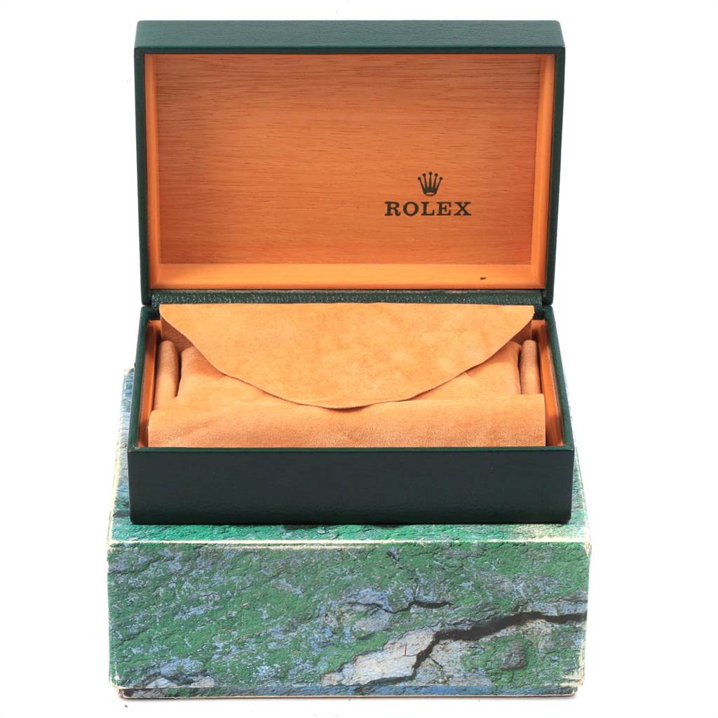 The image shows a Rolex Datejust 16234 Men's Stainless Steel Silver Dial 16234 Men's Stainless Steel Silver Dial watch box, partially opened to reveal a suede pouch inside.