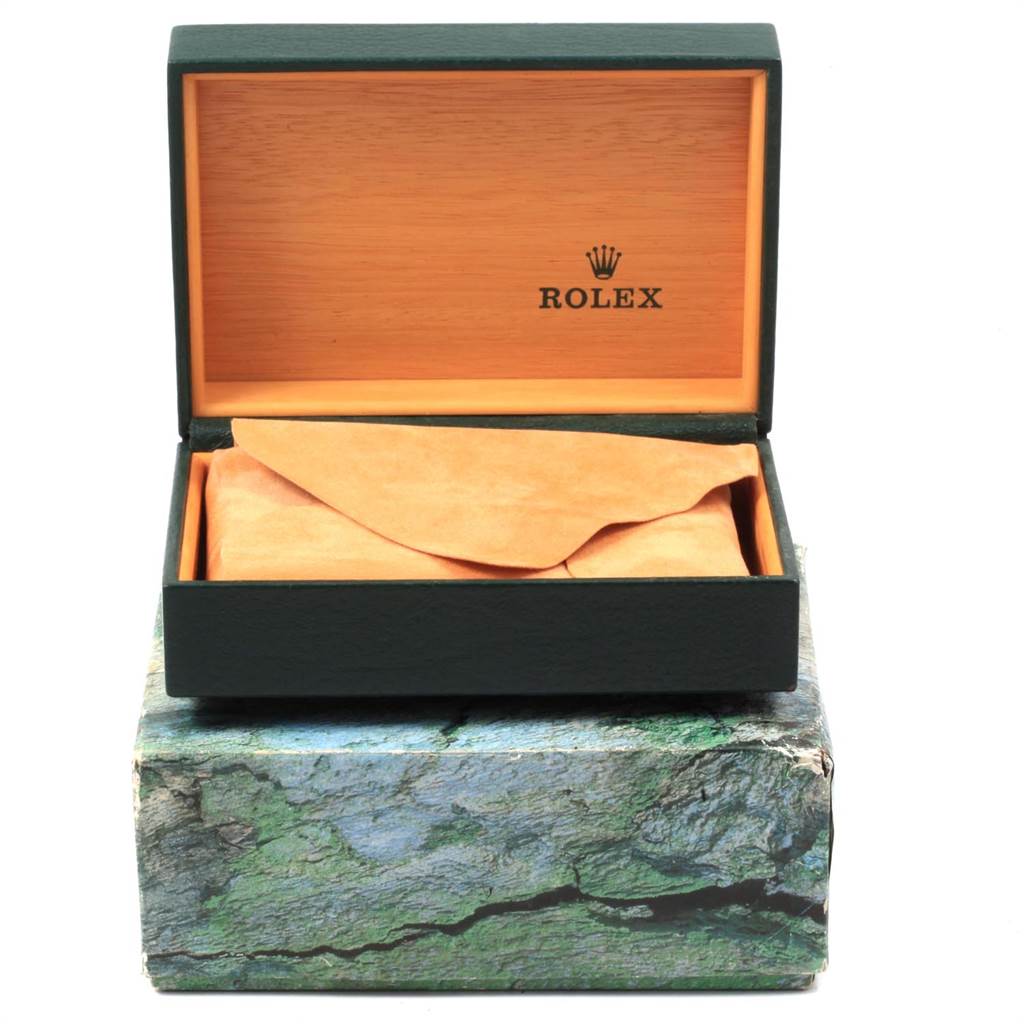 The image shows an open Rolex Datejust 16013 Men's Stainless Steel Champagne Dial 16013 Men's Stainless Steel Champagne Dial watch box with a protective suede pouch inside, viewed from the front.