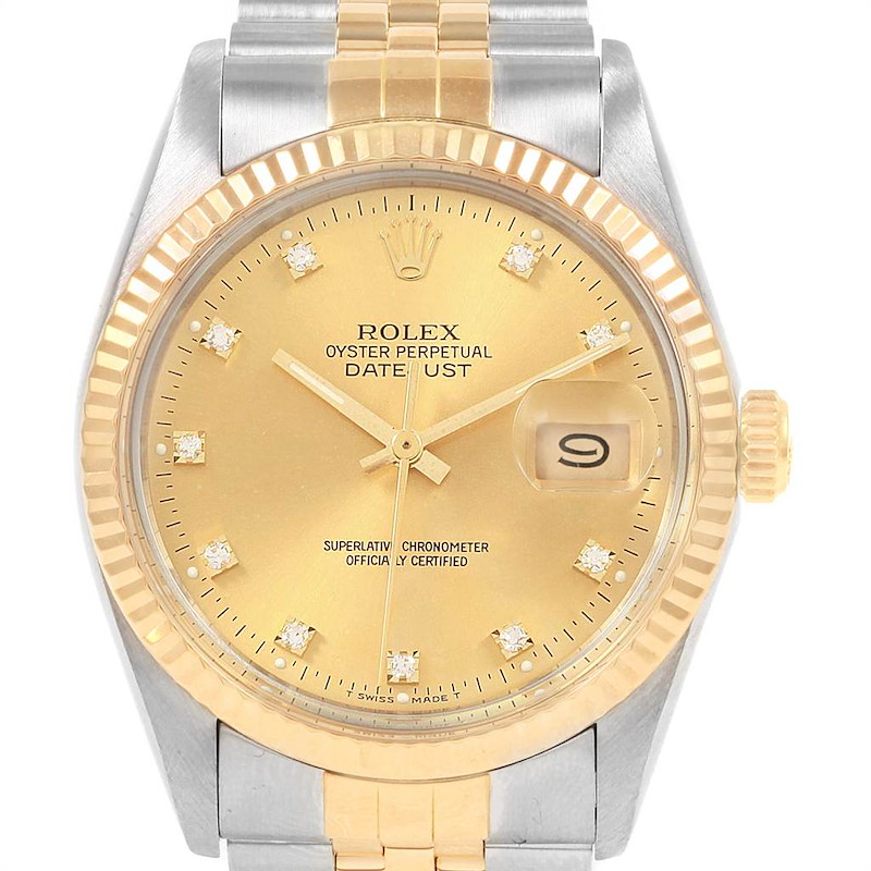 Rolex Datejust 36mm Steel Yellow Gold Diamond Dial Mens Watch 16013 SwissWatchExpo