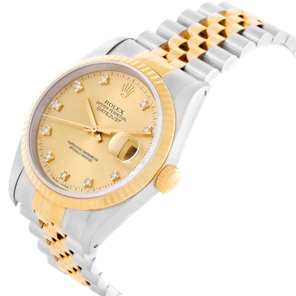 The image shows a Rolex Datejust 16013 Men's Stainless Steel Champagne Dial 16013 Men's Stainless Steel Champagne Dial watch at an angled view, highlighting its dial, crown, and Jubilee bracelet.