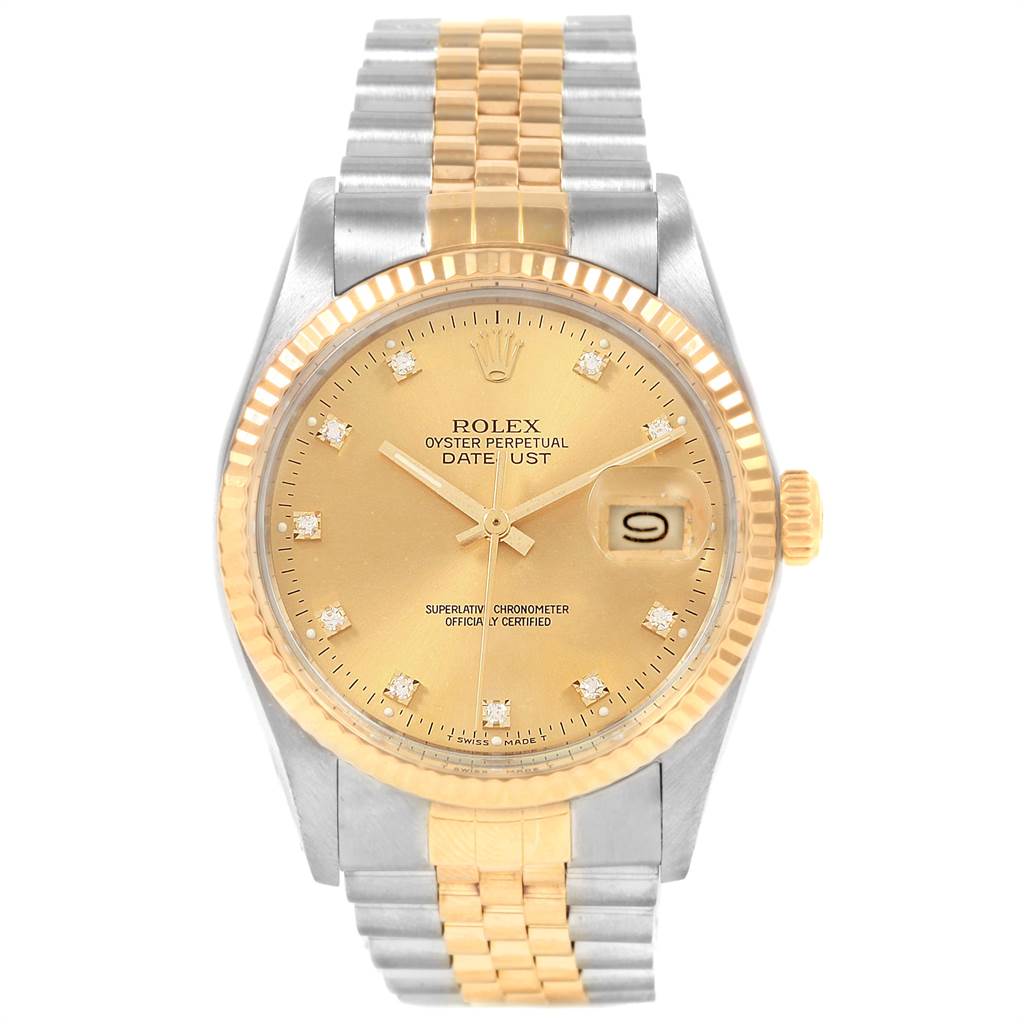 The Rolex Datejust 16013 Men's Stainless Steel Champagne Dial 16013 Men's Stainless Steel Champagne Dial watch is shown from a front angle, displaying its face, bezel, and two-tone bracelet.