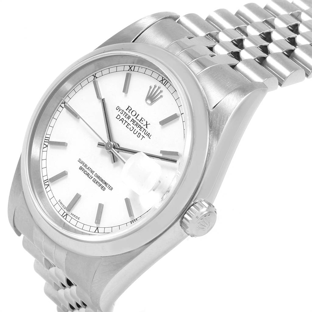 The image shows a Rolex Datejust 16200 Men's Stainless Steel White Dial 16200 Men's Stainless Steel White Dial watch from a three-quarter angle, highlighting the face, bracelet, and crown.