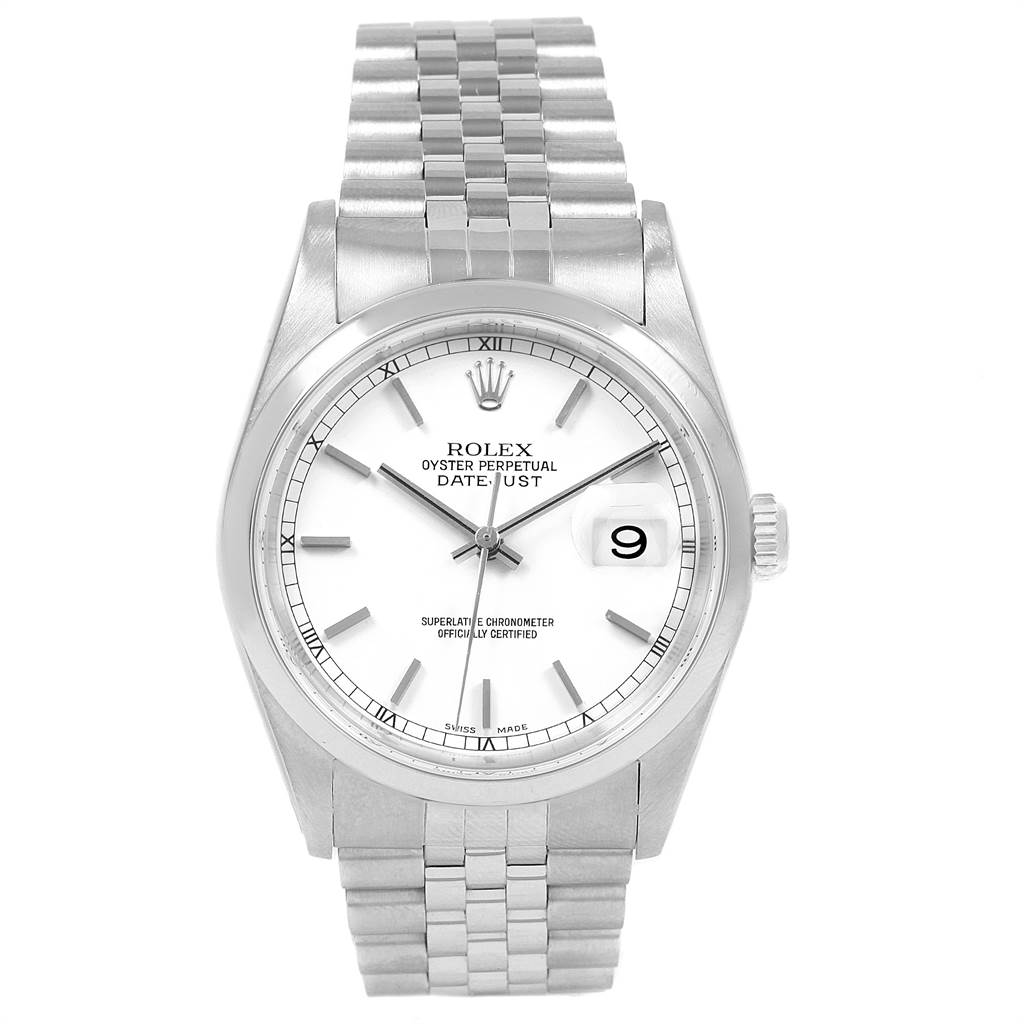 This image shows the Rolex Datejust 16200 Men's Stainless Steel White Dial 16200 Men's Stainless Steel White Dial watch from a front angle, displaying the watch face, dial, bracelet, and crown.