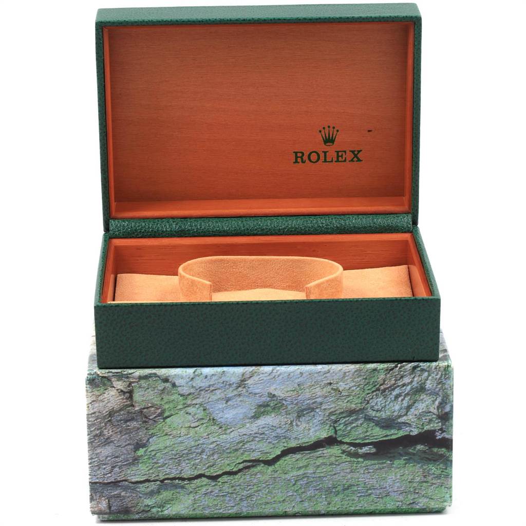 This image shows an open Rolex Datejust 16234 Men's Stainless Steel Pink Dial 16234 Men's Stainless Steel Pink Dial watch box viewed from the front, displaying its interior.