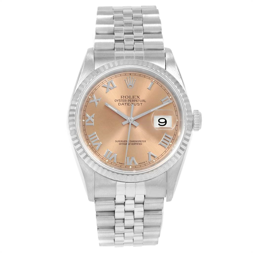 This Rolex Datejust 16234 Men's Stainless Steel Pink Dial 16234 Men's Stainless Steel Pink Dial watch is shown from the front, displaying its face, bezel, and bracelet.
