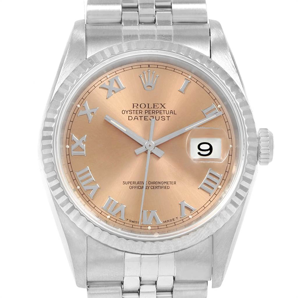 The image shows a Rolex Datejust 16234 Men's Stainless Steel Pink Dial 16234 Men's Stainless Steel Pink Dial watch from a front angle, highlighting its face, dial, date window, and part of its bracelet.