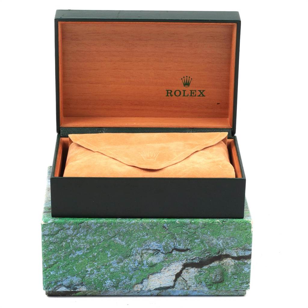 The image shows the open box and suede protective pouch for the Rolex Datejust 16233 Men's Steel and Gold (two tone) Blue Dial 16233 Men's Steel and Gold (two tone) Blue Dial watch.