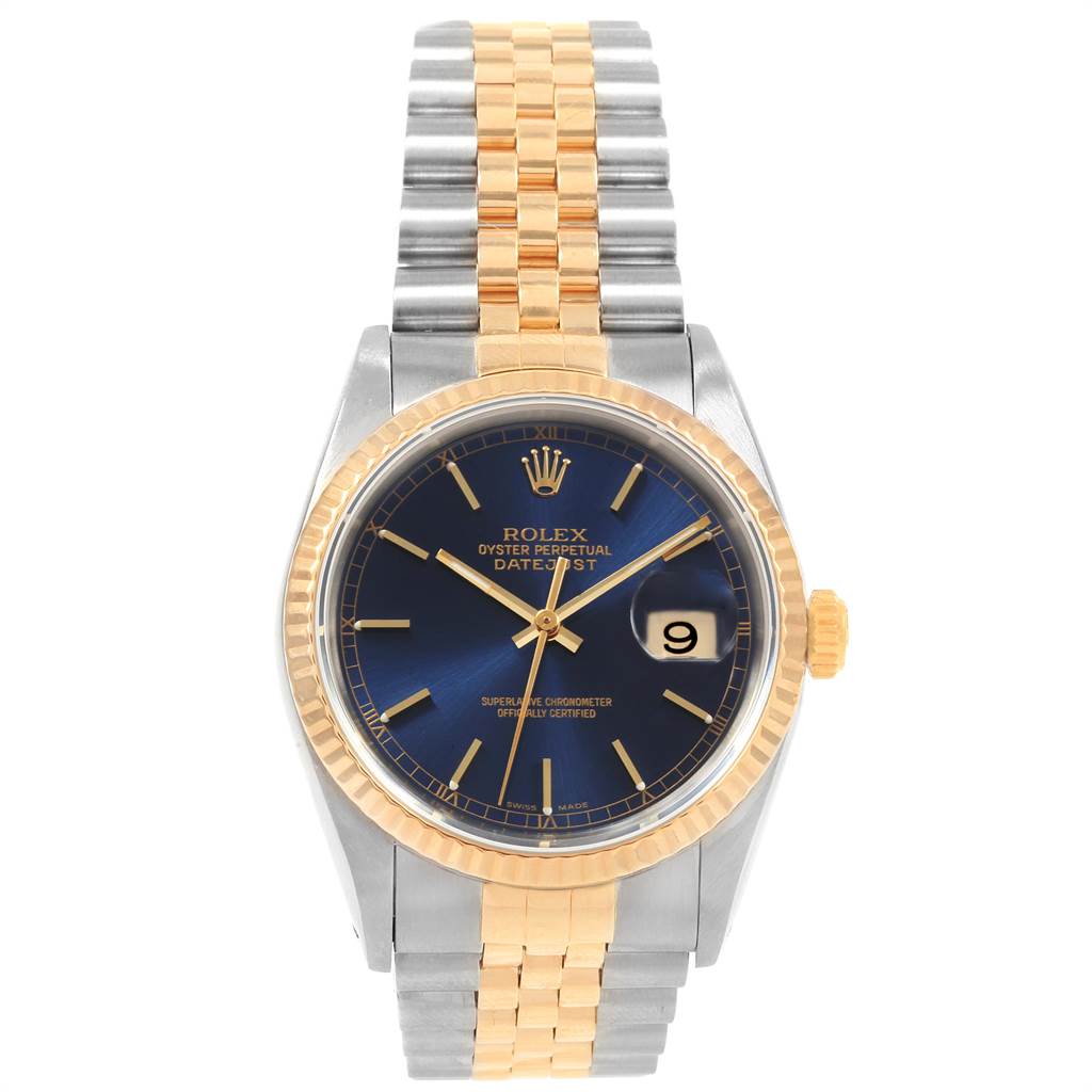 This image shows a front view of a Rolex Datejust 16233 Men's Steel and Gold (two tone) Blue Dial 16233 Men's Steel and Gold (two tone) Blue Dial watch, highlighting its face, bezel, dial, and bracelet.