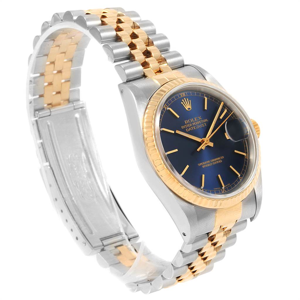 This image shows a Rolex Datejust 16233 Men's Steel and Gold (two tone) Blue Dial 16233 Men's Steel and Gold (two tone) Blue Dial watch angled to display its face, bezel, crown, and two-tone Jubilee bracelet.