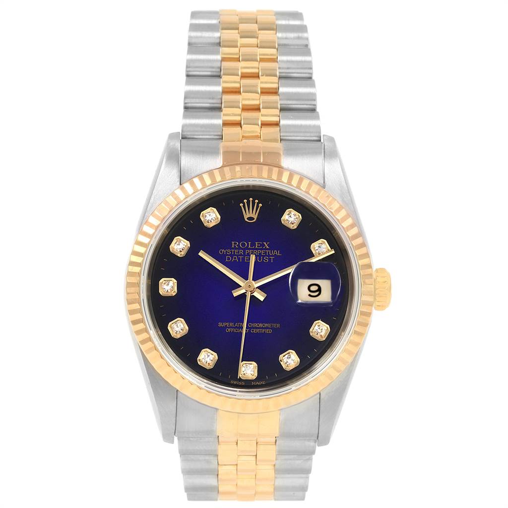 The image shows a front view of the Rolex Datejust 16233 Men's Steel and Gold (two tone) Blue Dial 16233 Men's Steel and Gold (two tone) Blue Dial watch, highlighting its dial, bezel, hands, and bracelet.