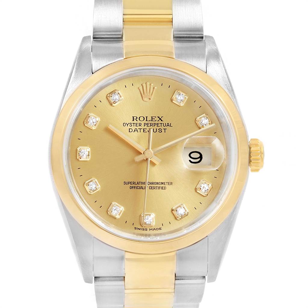 The image shows a front view of the Rolex Datejust 16203 Men's Steel and Gold (two tone) Champagne Dial 16203 Men's Steel and Gold (two tone) Champagne Dial watch, featuring a gold dial, diamond hour markers, and a two-tone band.