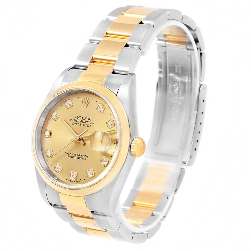 This image shows a Rolex Datejust 16203 Men's Steel and Gold (two tone) Champagne Dial 16203 Men's Steel and Gold (two tone) Champagne Dial watch angled to display the face, bezel, crown, and part of the bracelet.