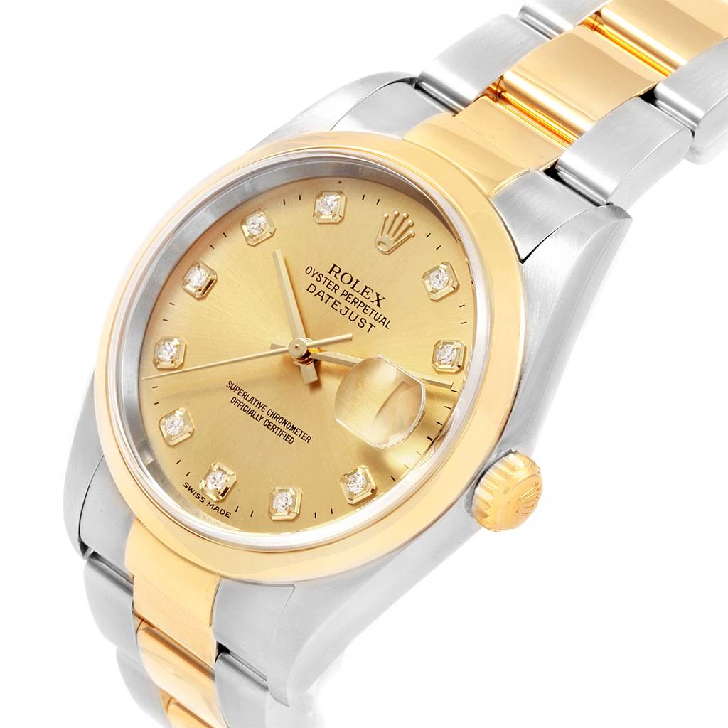 This image features a Rolex Datejust 16203 Men's Steel and Gold (two tone) Champagne Dial 16203 Men's Steel and Gold (two tone) Champagne Dial watch showing the dial, bezel, crown, and part of the bracelet at an oblique angle.