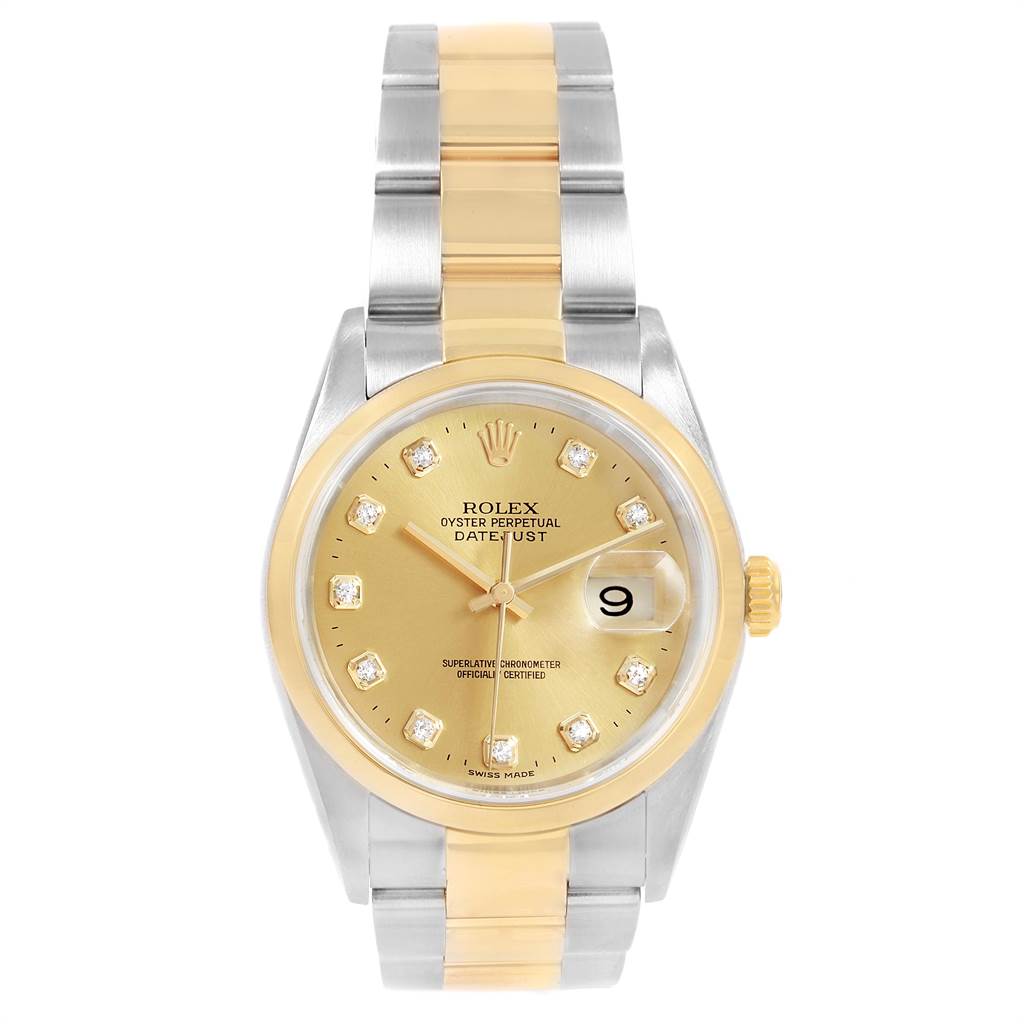 This image shows a frontal view of a Rolex Datejust 16203 Men's Steel and Gold (two tone) Champagne Dial 16203 Men's Steel and Gold (two tone) Champagne Dial watch, highlighting its gold and silver two-tone design and diamond markers.