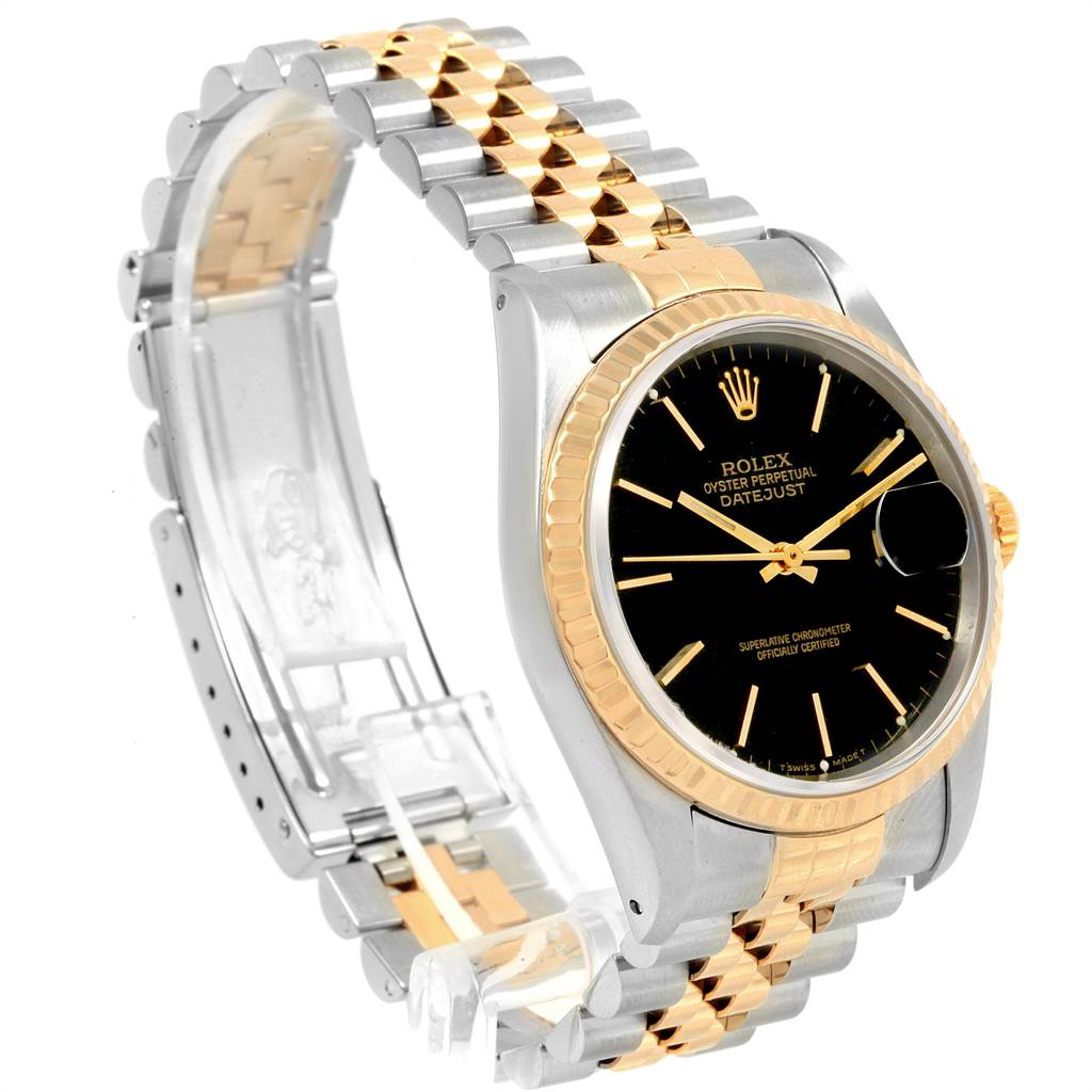 The image shows a side view of the Rolex Datejust 16233 Men's Steel and Gold (two tone) Black Dial 16233 Men's Steel and Gold (two tone) Black Dial watch, highlighting its two-tone bracelet and black dial with gold markers.