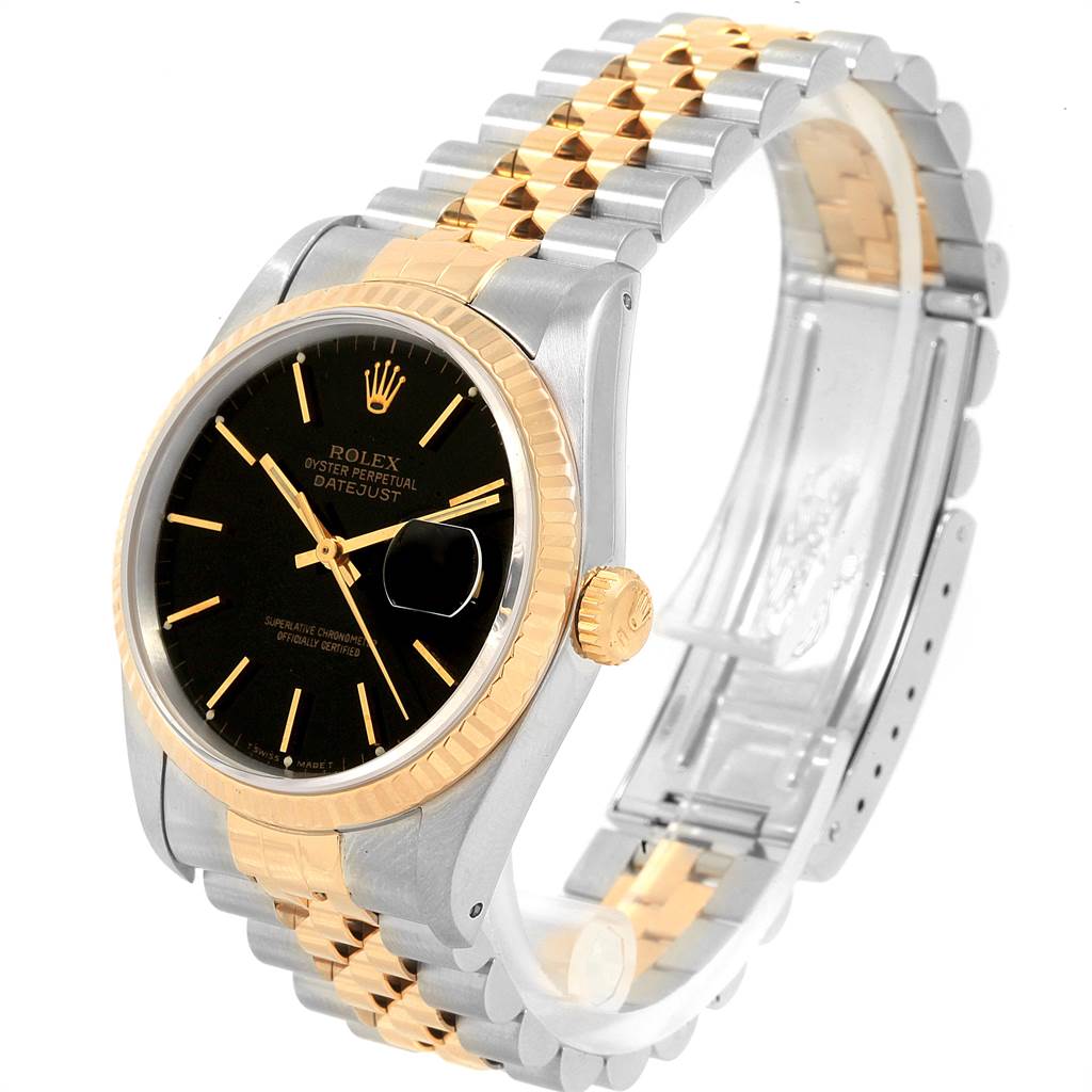 This image shows a side angle view of a Rolex Datejust 16233 Men's Steel and Gold (two tone) Black Dial 16233 Men's Steel and Gold (two tone) Black Dial model, highlighting the case, bezel, crown, dial, and two-tone bracelet.