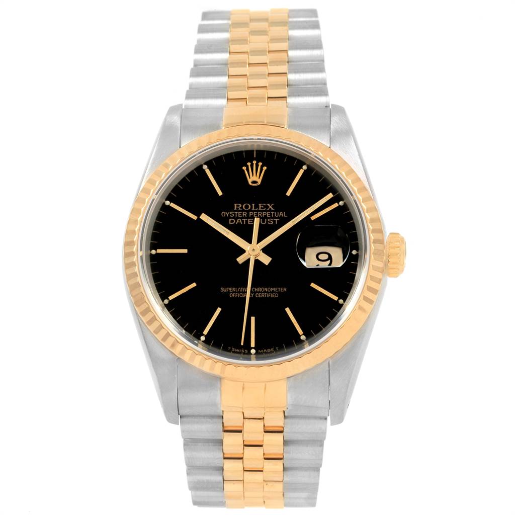 This image shows a front view of the Rolex Datejust 16233 Men's Steel and Gold (two tone) Black Dial 16233 Men's Steel and Gold (two tone) Black Dial watch, highlighting its two-tone bracelet, black dial, and date feature.