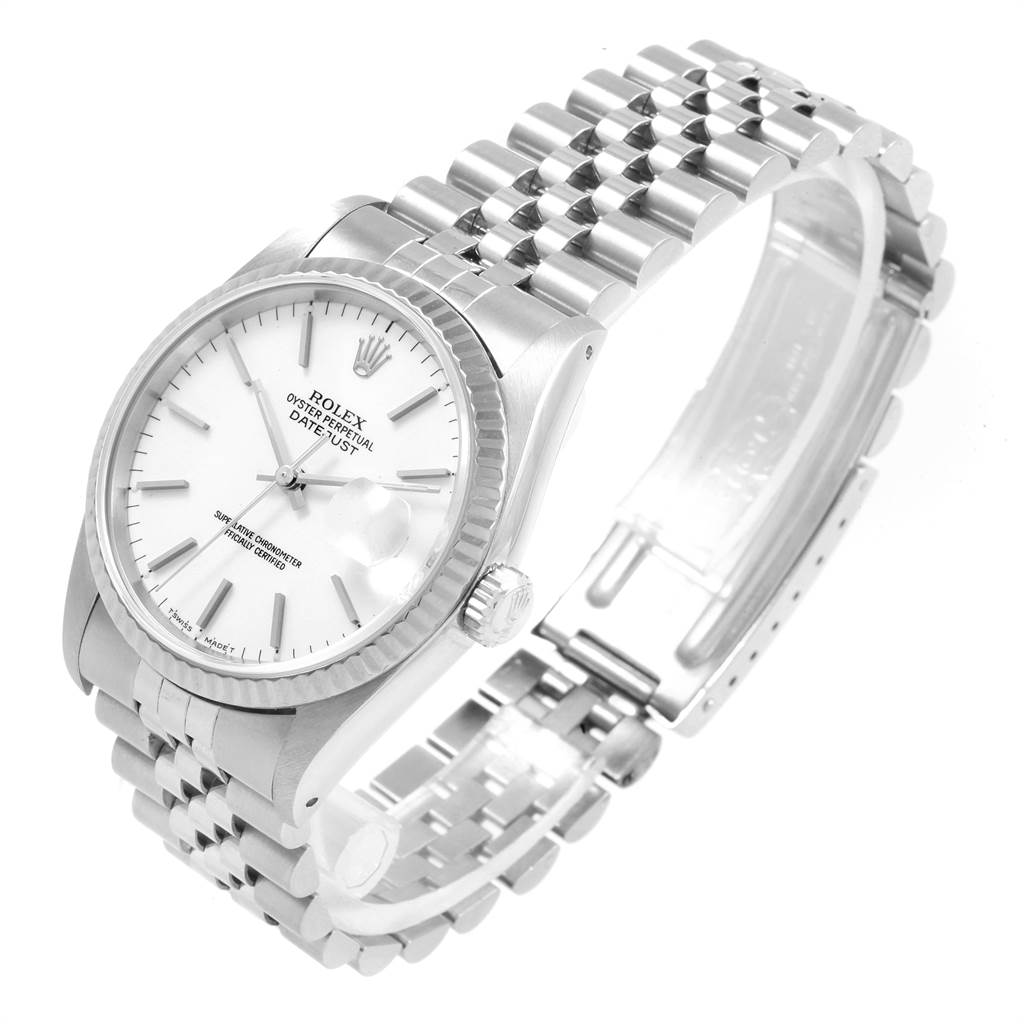 The image shows a Rolex Datejust 16234 Men
s Stainless Steel White Dial 16234 Men
s Stainless Steel White Dial watch from a three-quarter angle, highlighting the dial, bezel, crown, and bracelet.