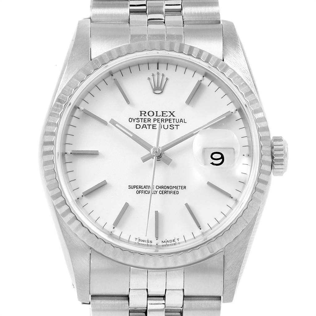 The image shows a front view of a Rolex Datejust 16234 Men
s Stainless Steel White Dial 16234 Men
s Stainless Steel White Dial watch, displaying the dial, hands, date window, and part of the bracelet.