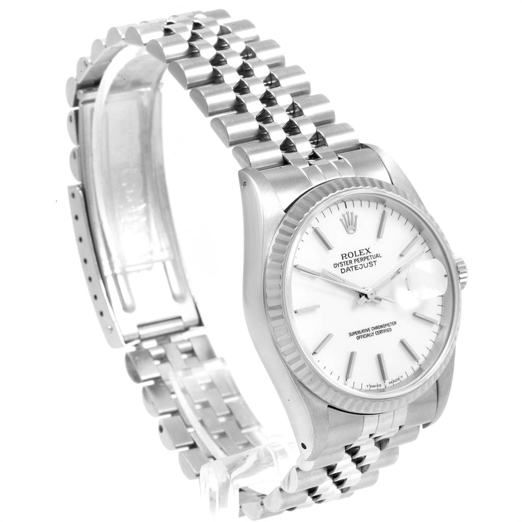 The image shows a Rolex Datejust 16234 Men
s Stainless Steel White Dial 16234 Men
s Stainless Steel White Dial watch at a three-quarter angle, highlighting the face, bezel, and bracelet.