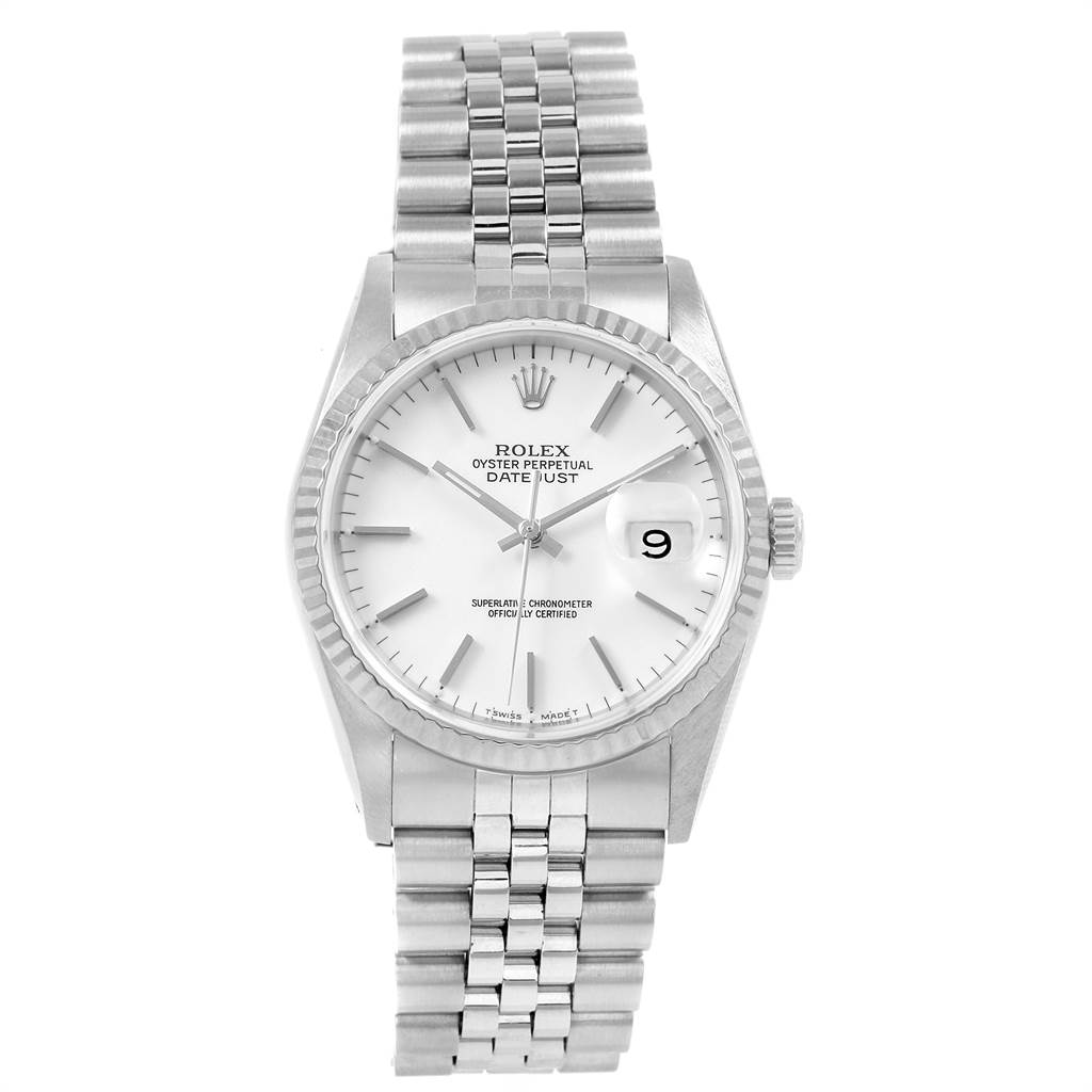 This image shows the front view of a Rolex Datejust 16234 Men
s Stainless Steel White Dial 16234 Men
s Stainless Steel White Dial watch, displaying the dial, fluted bezel, and Jubilee bracelet.