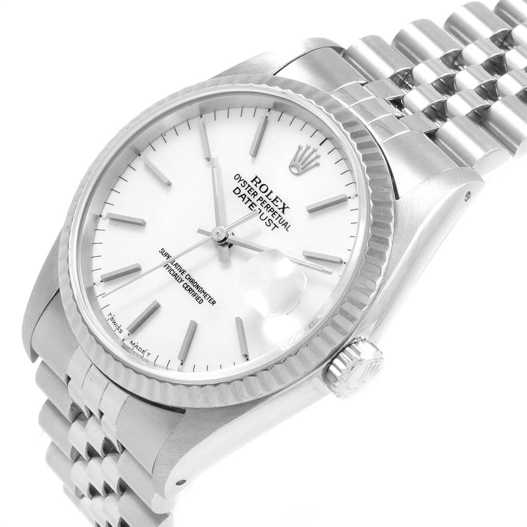 This image displays a Rolex Datejust 16234 Men
s Stainless Steel White Dial 16234 Men
s Stainless Steel White Dial watch from an oblique angle, showing the face, case, bezel, crown, and part of the bracelet.