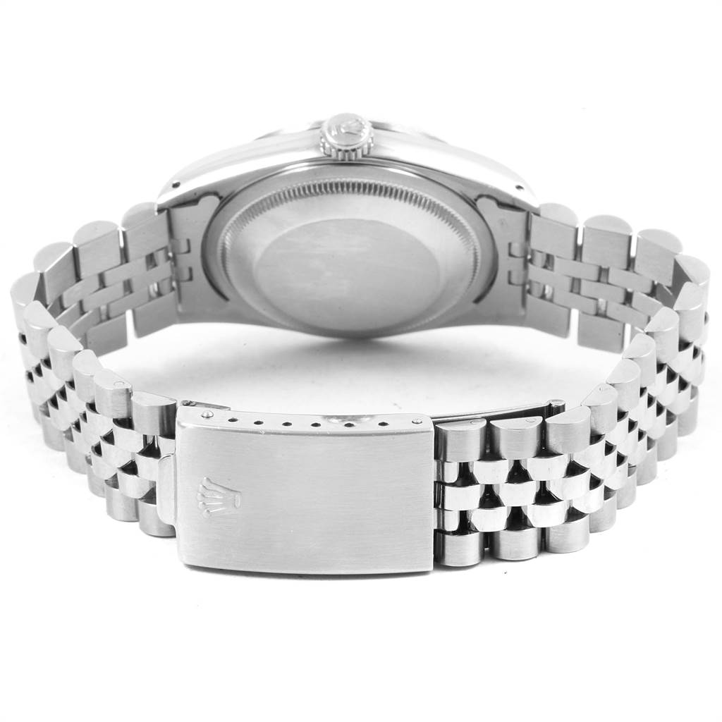 The image shows the case back, crown, and closed clasp of the Rolex Datejust 16234 Men
s Stainless Steel White Dial 16234 Men
s Stainless Steel White Dial watch from a rear angle.