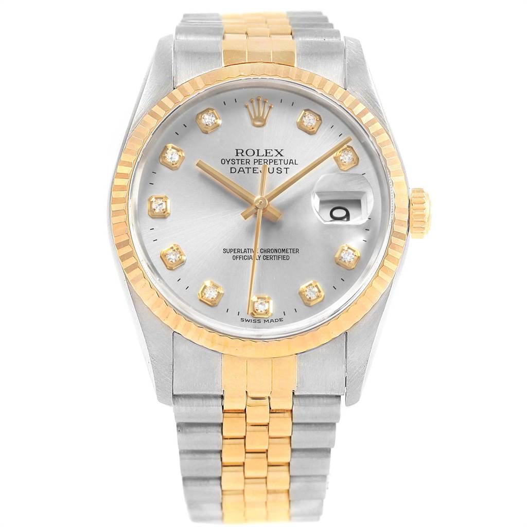 This Rolex Datejust 16233 Men's Steel and Gold (two tone) Silver Dial 16233 Men's Steel and Gold (two tone) Silver Dial watch is shown from a front view, displaying the face, bezel, and the two-tone bracelet.