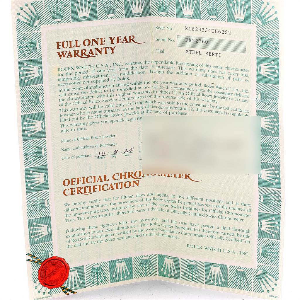 This is an official warranty and chronometer certification document for a Datejust model by Rolex, showing the brand details.