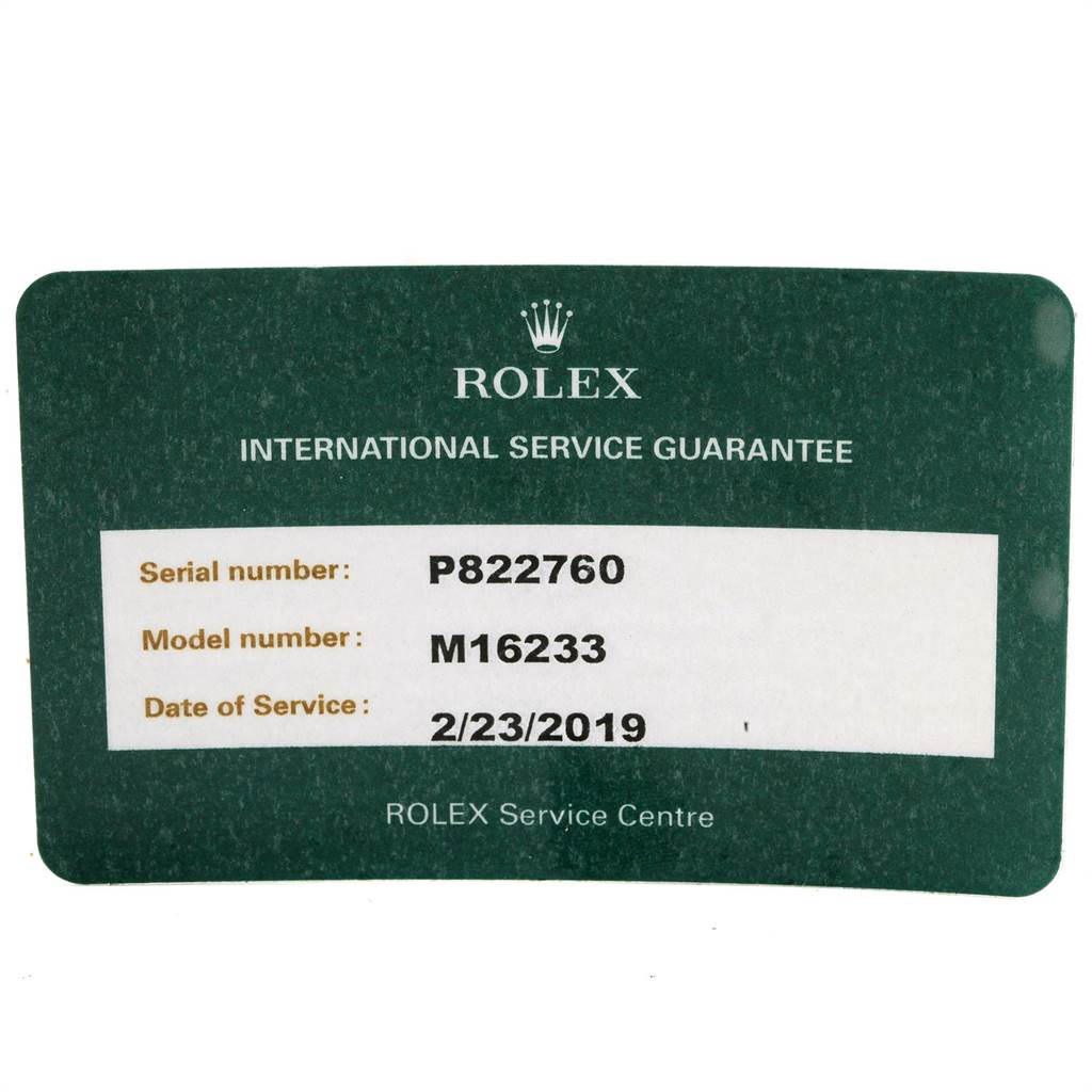 The image shows a Rolex International Service Guarantee card for the Rolex Datejust 16233 Men's Steel and Gold (two tone) Silver Dial 16233 Men's Steel and Gold (two tone) Silver Dial model M16233.