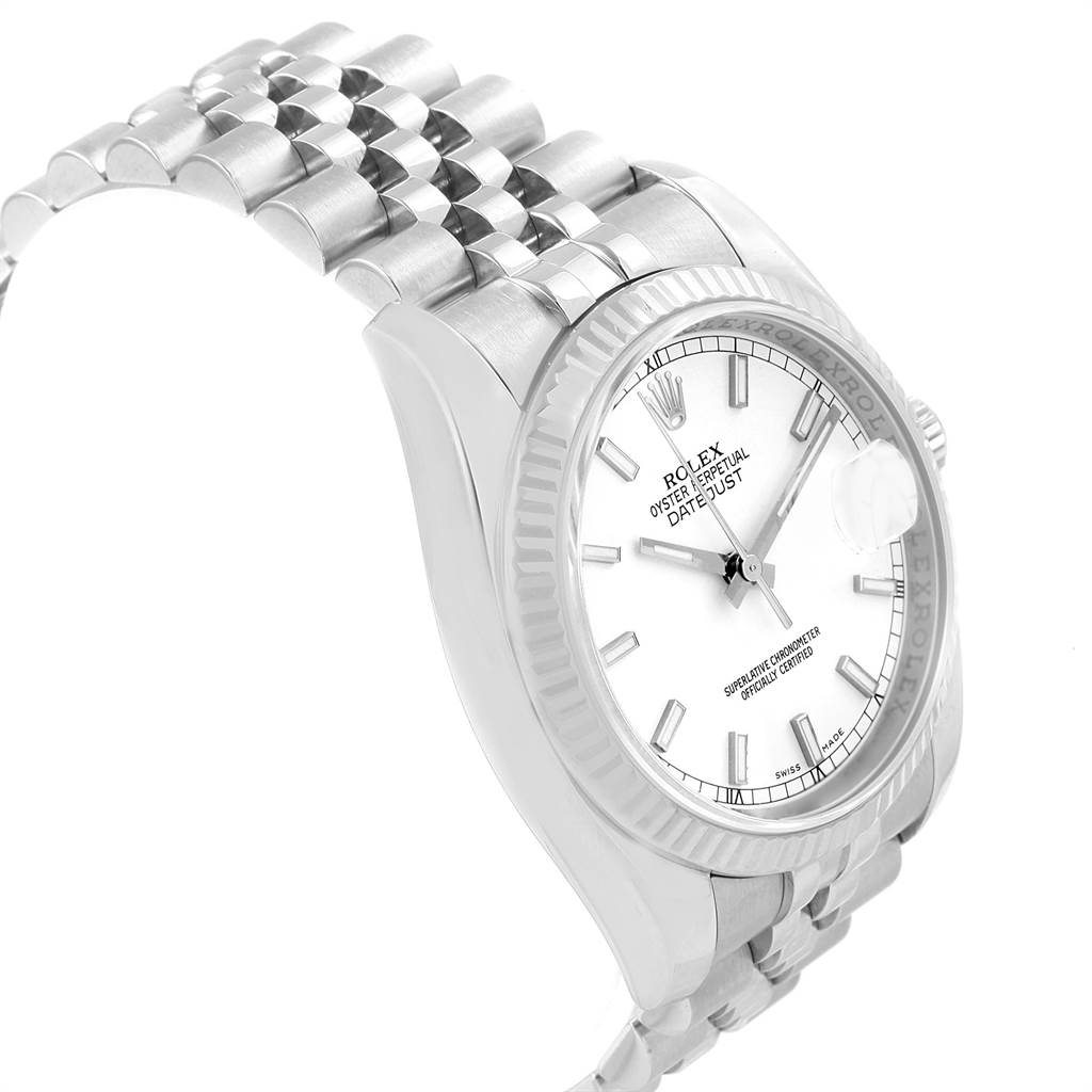 The image shows a side angle of a Rolex Datejust 116234 Men's Stainless Steel White Dial 116234 Men's Stainless Steel White Dial watch, highlighting its dial, bezel, and partially its bracelet.
