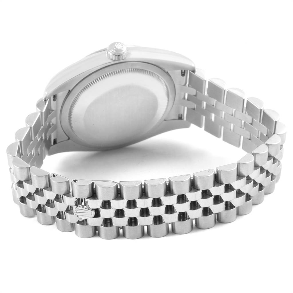 The image shows the back case and bracelet of a Rolex Datejust 116234 Men's Stainless Steel White Dial 116234 Men's Stainless Steel White Dial watch from a slight side angle.