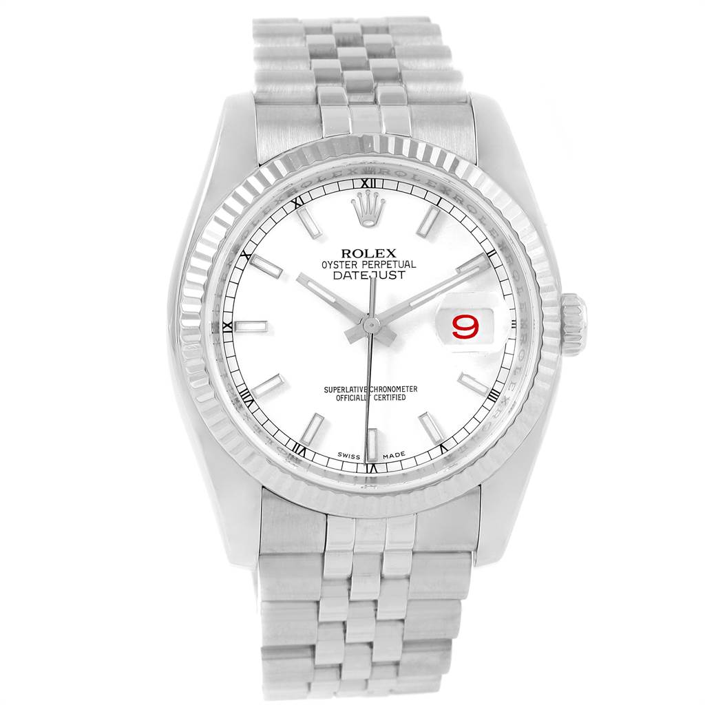 The image shows a front view of a Rolex Datejust 116234 Men's Stainless Steel White Dial 116234 Men's Stainless Steel White Dial watch, displaying its face, bezel, and bracelet.