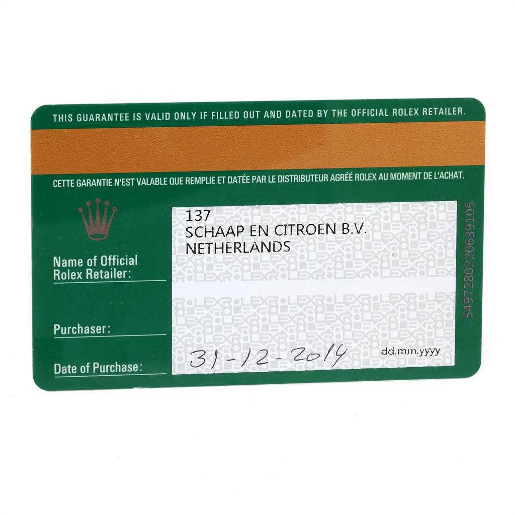 This is a guarantee card for a Rolex Datejust 116234 Men's Stainless Steel White Dial 116234 Men's Stainless Steel White Dial watch, showing the official retailer's information and date of purchase.