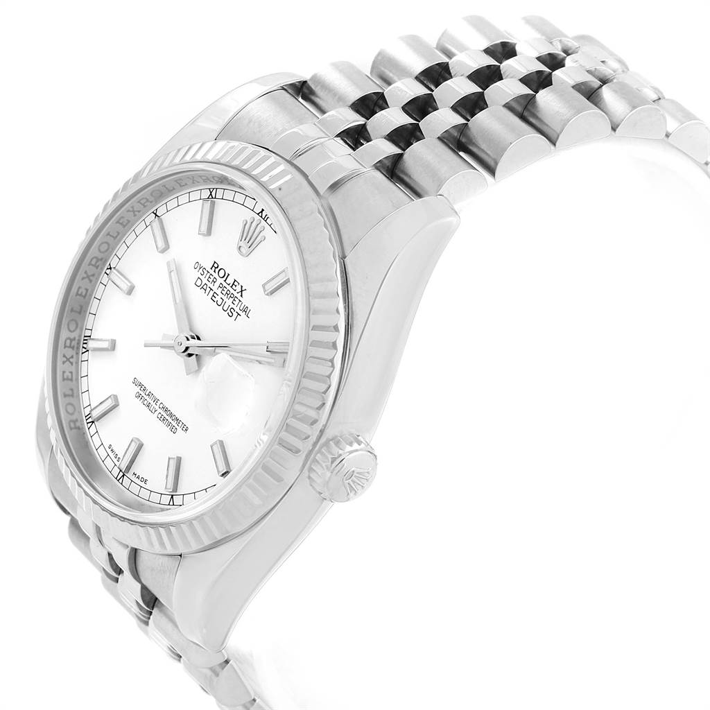 The image shows a Rolex Datejust 116234 Men's Stainless Steel White Dial 116234 Men's Stainless Steel White Dial watch at a slight angle, displaying the dial, bezel, crown, and part of the bracelet.