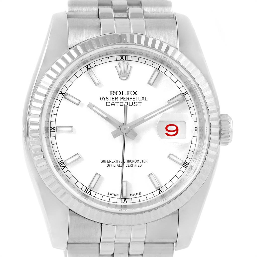 The image shows a front view of a Rolex Datejust 116234 Men's Stainless Steel White Dial 116234 Men's Stainless Steel White Dial watch, highlighting its dial, hands, bezel, and a partial view of its bracelet.