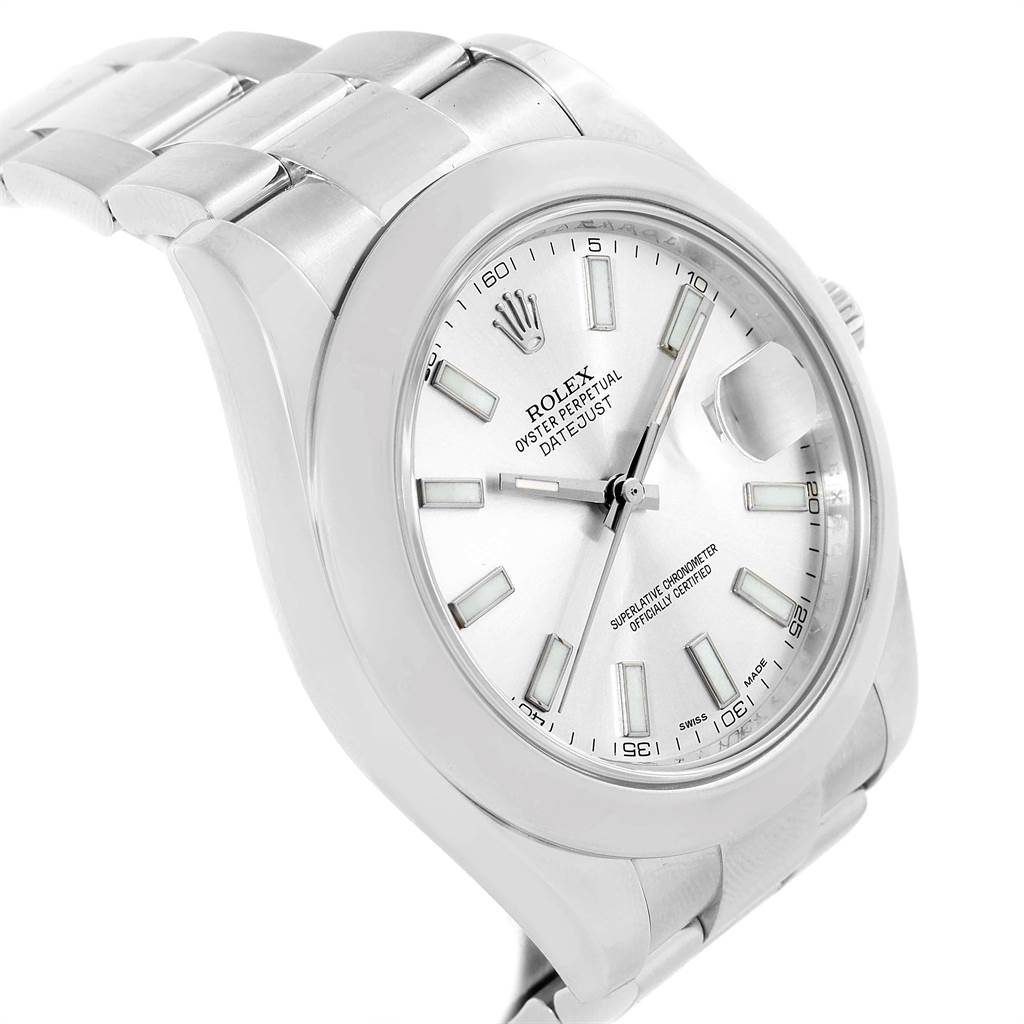 This image shows a Rolex Datejust 116300 Men
s Stainless Steel Silver Dial 116300 Men
s Stainless Steel Silver Dial watch angled to display the face, bezel, and part of the bracelet.