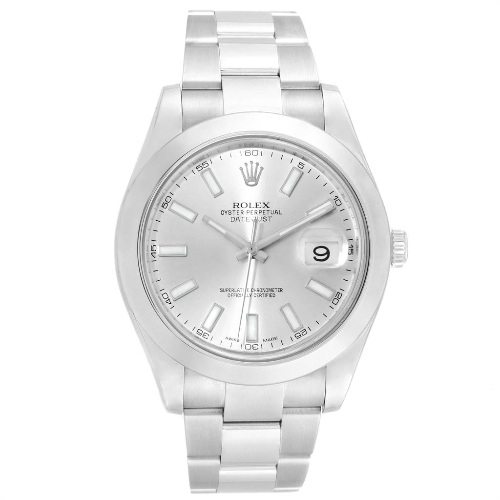 The image shows a Rolex Datejust 116300 Men
s Stainless Steel Silver Dial 116300 Men
s Stainless Steel Silver Dial watch from a front angle, displaying its dial, case, bracelet, and date window.