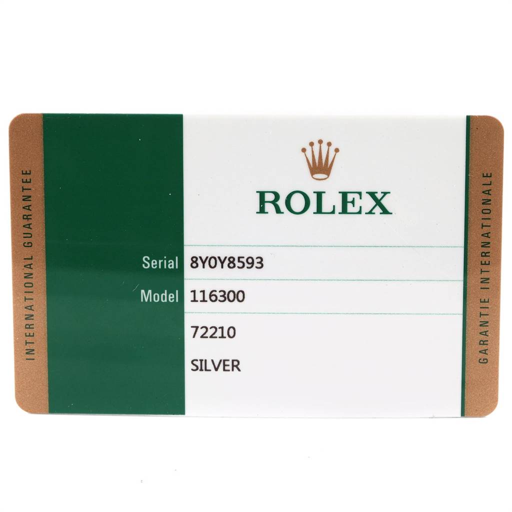 This image shows an International Guarantee card for the Rolex Datejust 116300 Men
s Stainless Steel Silver Dial 116300 Men
s Stainless Steel Silver Dial model with serial number 8Y0Y8593 and model number 116300.