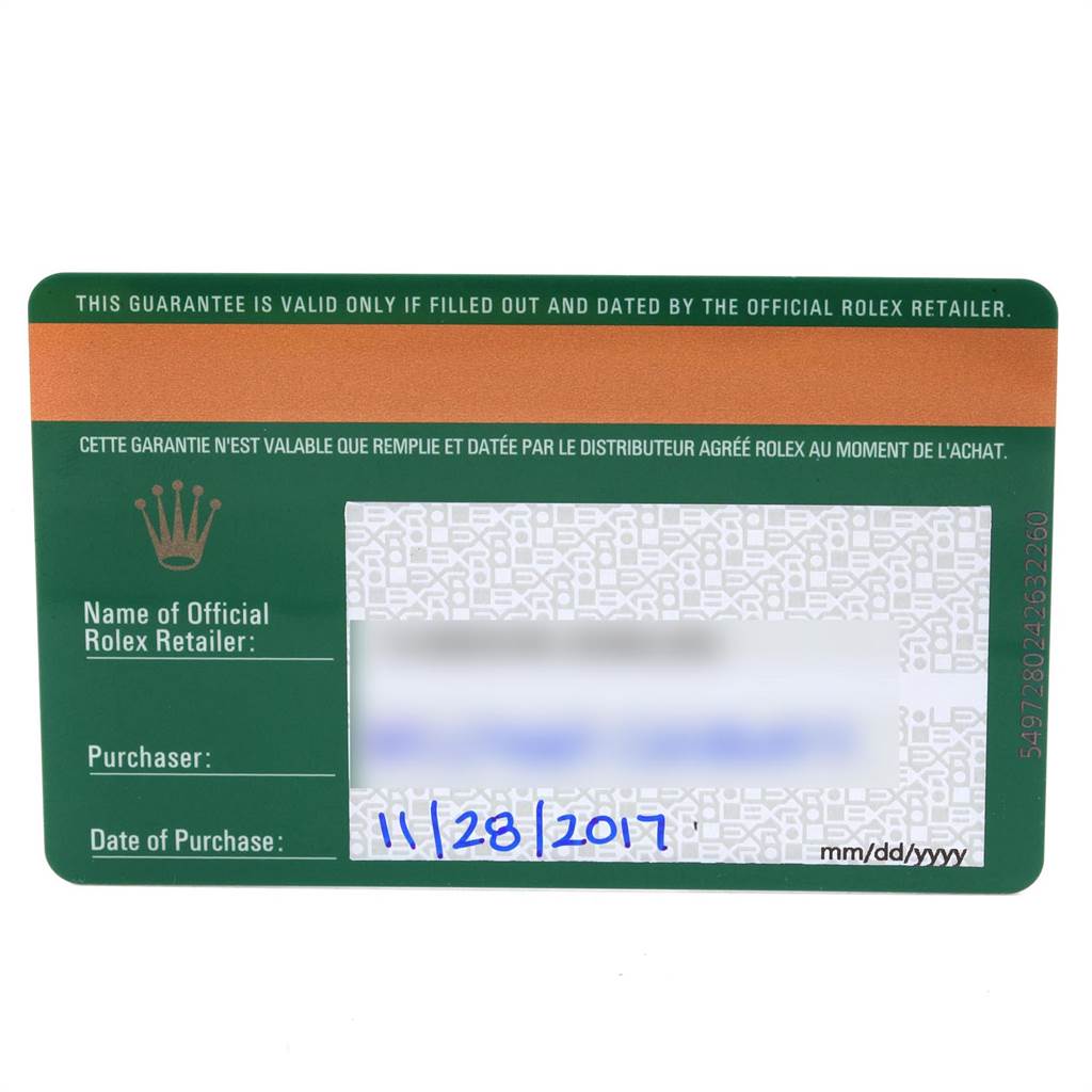 This image shows the guarantee card for a Rolex Datejust 116300 Men
s Stainless Steel Silver Dial 116300 Men
s Stainless Steel Silver Dial watch, including retailer name, purchaser, and date of purchase.