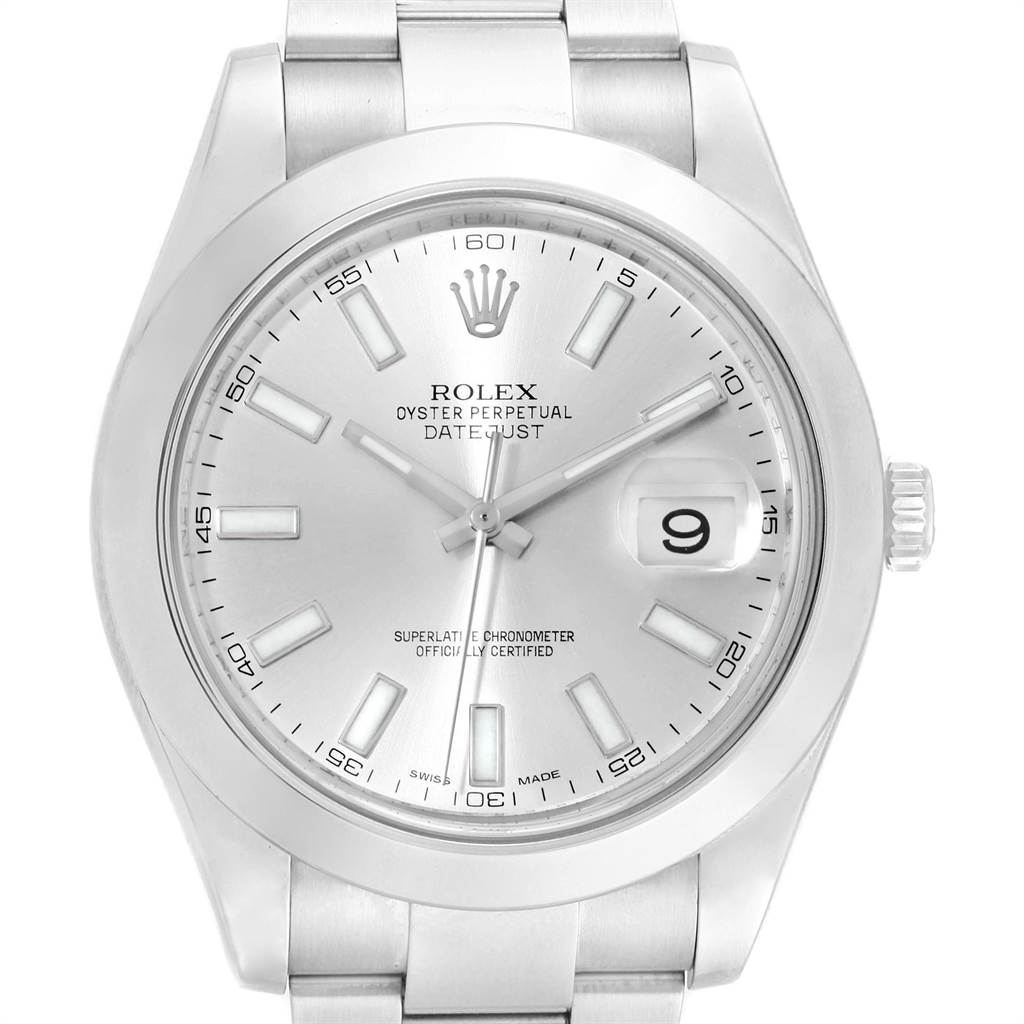 This image shows a frontal view of a Rolex Datejust 116300 Men
s Stainless Steel Silver Dial 116300 Men
s Stainless Steel Silver Dial watch, highlighting the dial, hands, date window, and part of the bracelet.