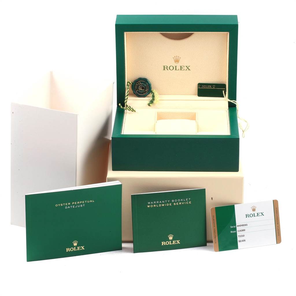 The image shows the packaging, warranty booklet, and documentation for a Rolex Datejust 116300 Men
s Stainless Steel Silver Dial 116300 Men
s Stainless Steel Silver Dial watch.
