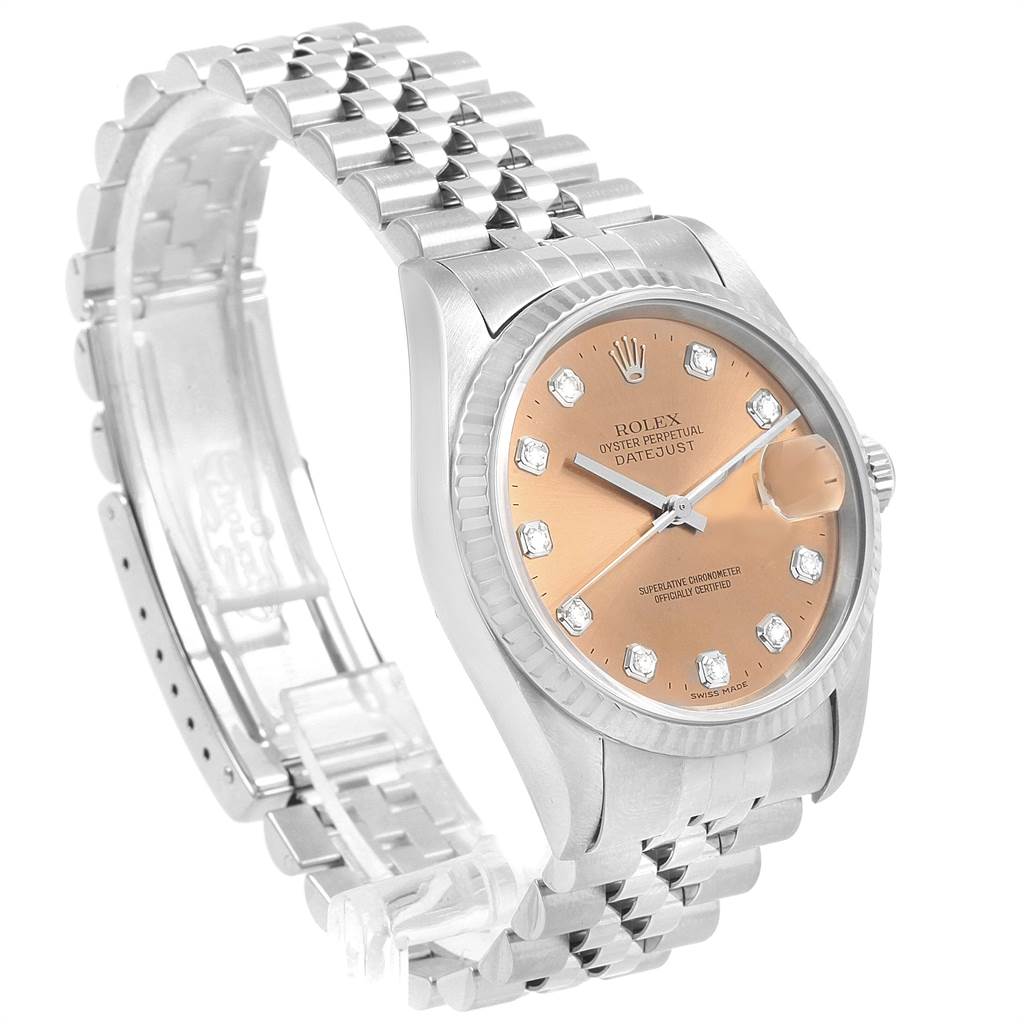 This Rolex Datejust 16234 Men
s Stainless Steel Pink Dial 16234 Men
s Stainless Steel Pink Dial watch is shown at a three-quarter angle, highlighting the face, bezel, and bracelet.