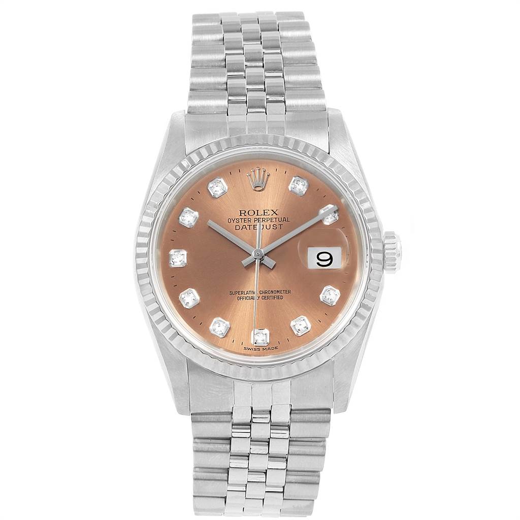 This image shows a Rolex Datejust 16234 Men
s Stainless Steel Pink Dial 16234 Men
s Stainless Steel Pink Dial watch from the front, highlighting the dial, bezel, bracelet, and crown.