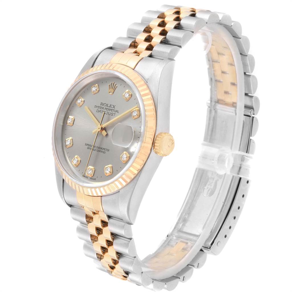 The image shows the Rolex Datejust 16233 Men
s Steel and Gold (two tone) Silver Dial 16233 Men
s Steel and Gold (two tone) Silver Dial watch from a three-quarter angle, displaying the dial, bezel, and bracelet.