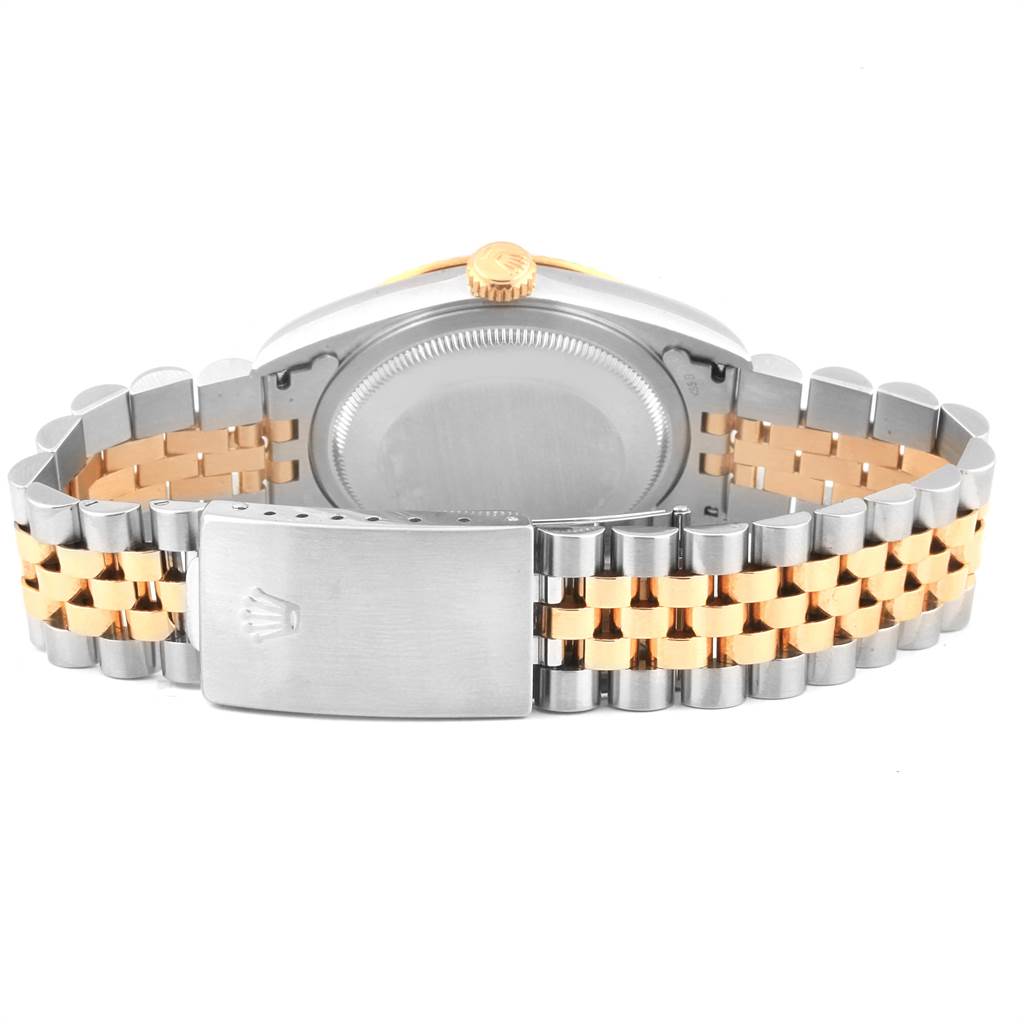 The image shows the back and clasp of a Rolex Datejust 16233 Men
s Steel and Gold (two tone) Silver Dial 16233 Men
s Steel and Gold (two tone) Silver Dial watch with a two-tone silver and gold Jubilee bracelet.