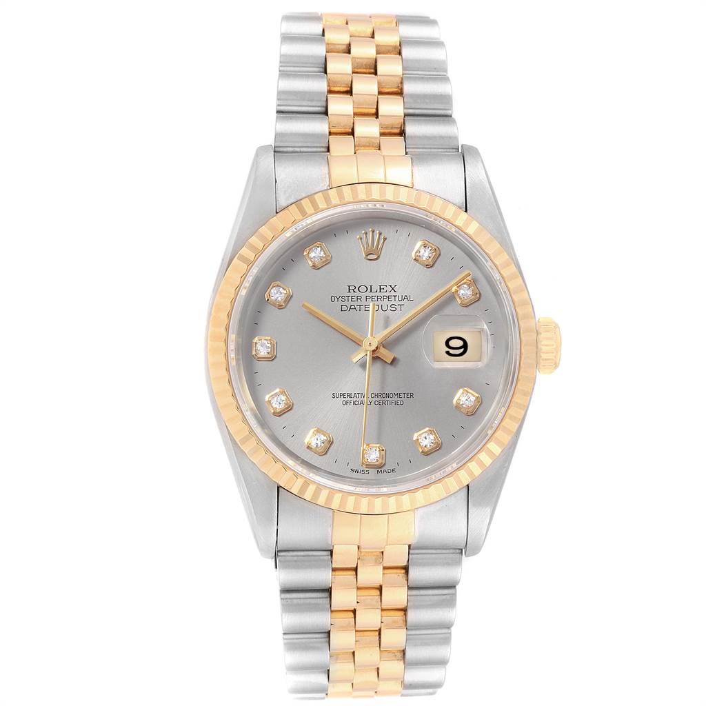 This image shows a front view of a Rolex Datejust 16233 Men
s Steel and Gold (two tone) Silver Dial 16233 Men
s Steel and Gold (two tone) Silver Dial watch, displaying its dial, bezel, hands, and bracelet.